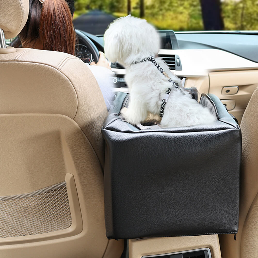 Asiento de coche para perros pequeño desmontable y elevado con consola central para viajes seguros