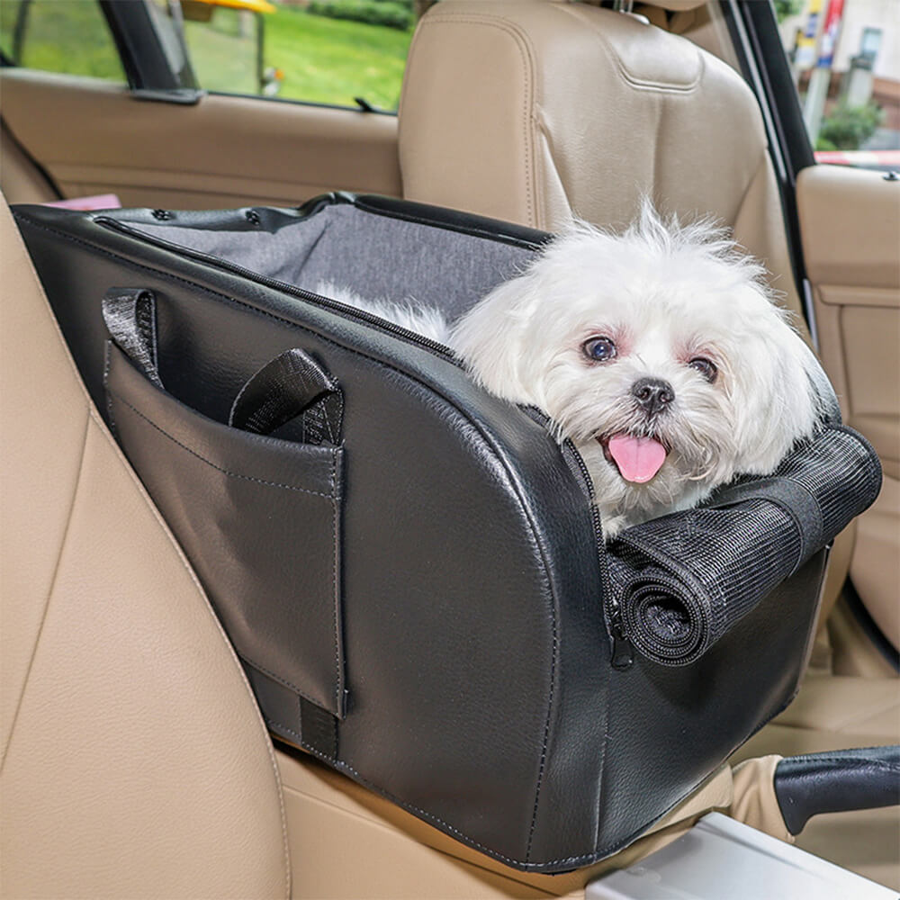 Asiento de coche para perros pequeño desmontable y elevado con consola central para viajes seguros