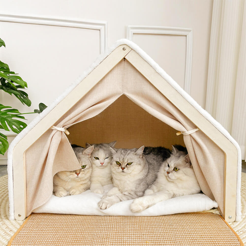 Tienda de campaña para gatos todo en uno con techo rascador y acogedora zona para dormir