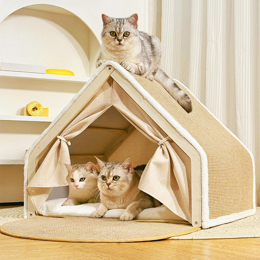 Tienda de campaña para gatos todo en uno con techo rascador y acogedora zona para dormir