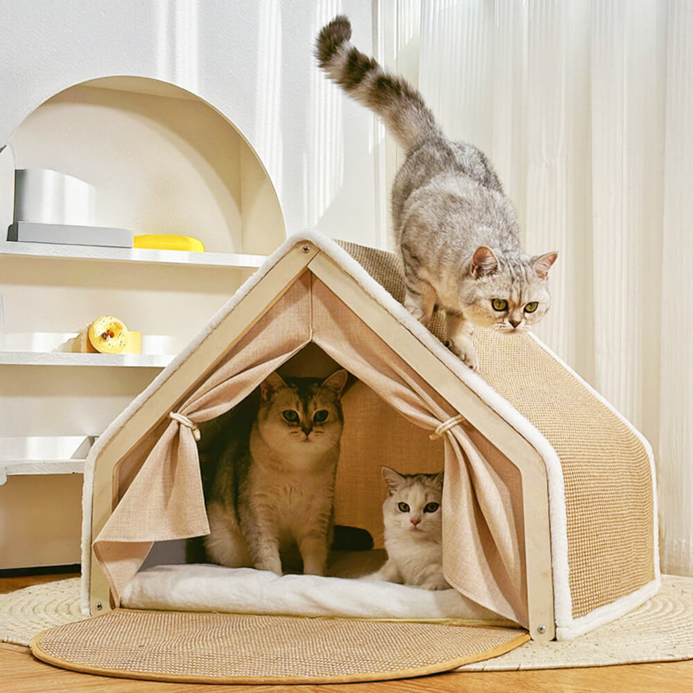 Tienda de campaña para gatos todo en uno con techo rascador y acogedora zona para dormir