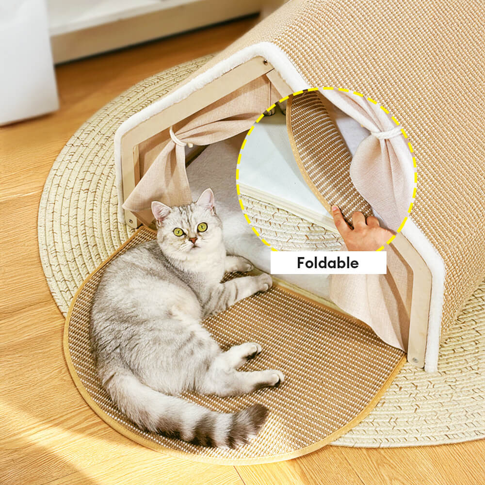 Tienda de campaña para gatos todo en uno con techo rascador y acogedora zona para dormir