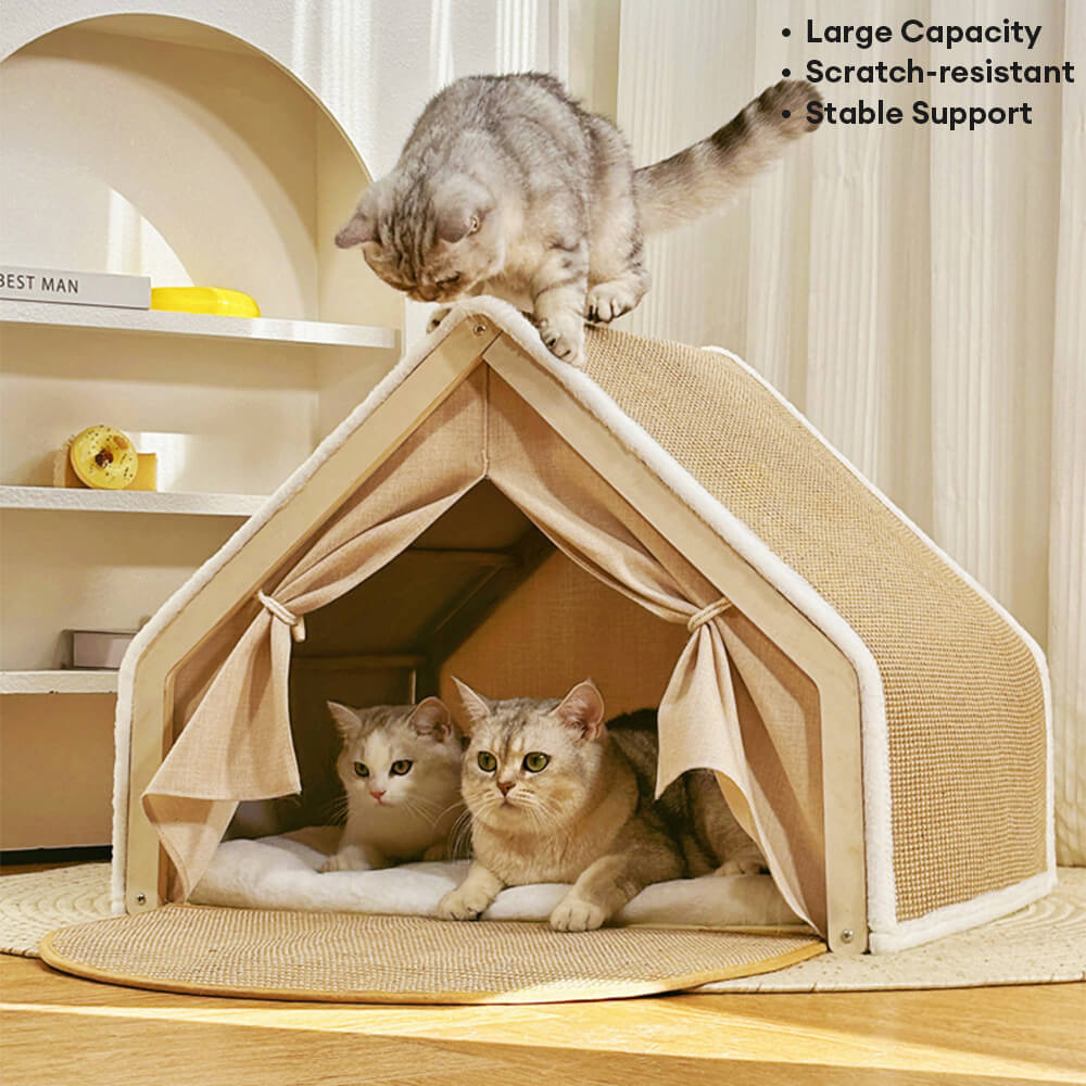 Tienda de campaña para gatos todo en uno con techo rascador y acogedora zona para dormir