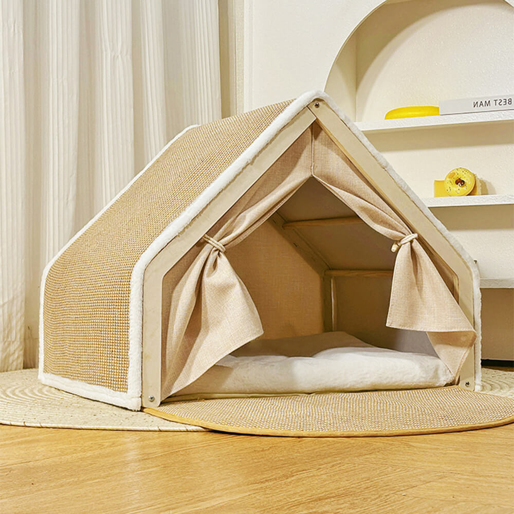 Tienda de campaña para gatos todo en uno con techo rascador y acogedora zona para dormir