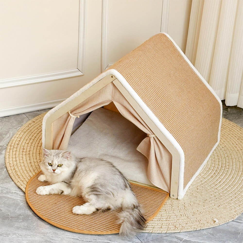 Tienda de campaña para gatos todo en uno con techo rascador y acogedora zona para dormir