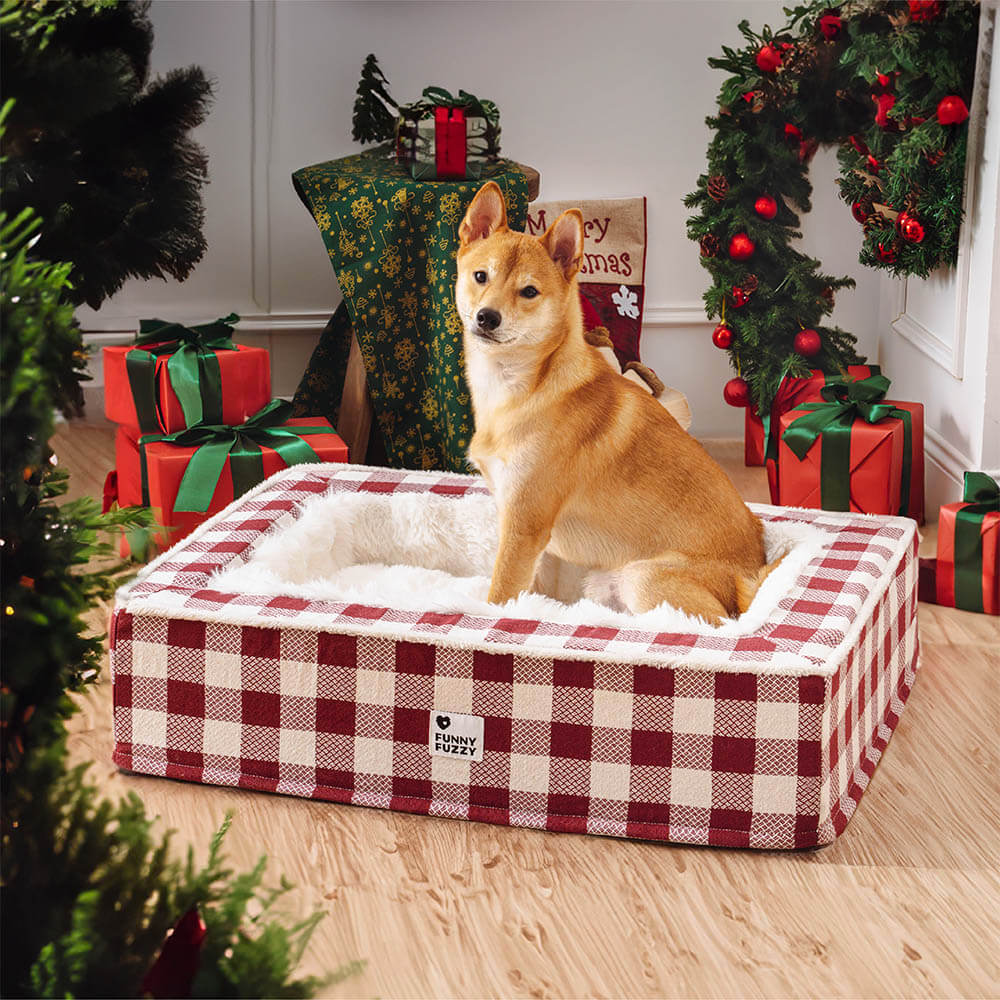 Cama festiva clásica de tartán acogedor perro anti-ansiedad calmante
