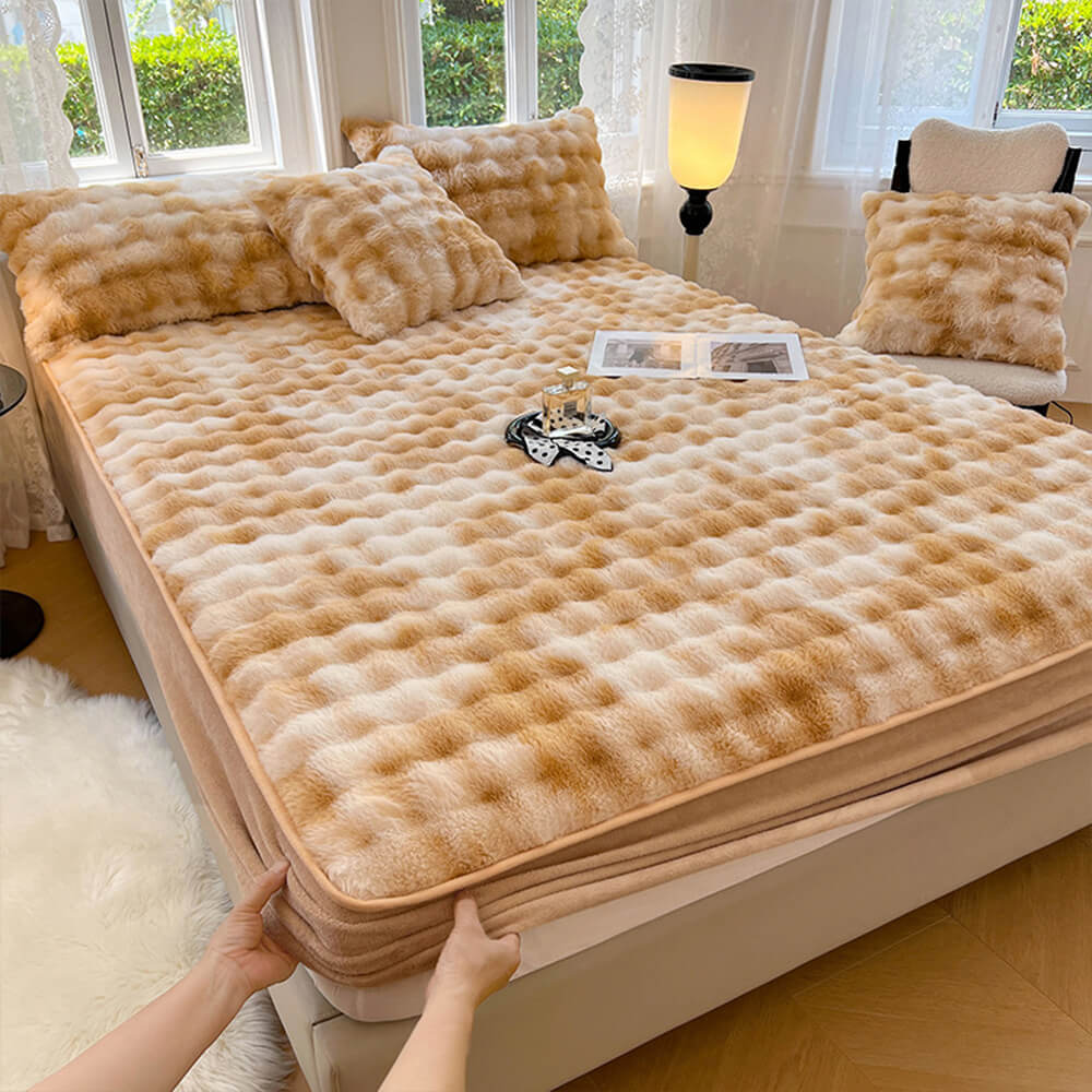 Drap-housse chaud en fausse fourrure de lapin, dégradé de crème, épais, bulle, housse de matelas