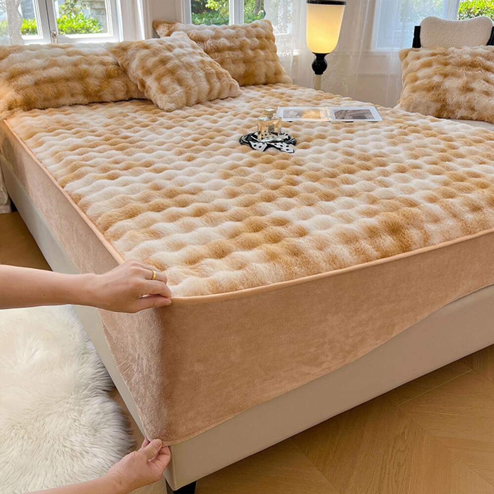 Drap-housse chaud en fausse fourrure de lapin, dégradé de crème, épais, bulle, housse de matelas