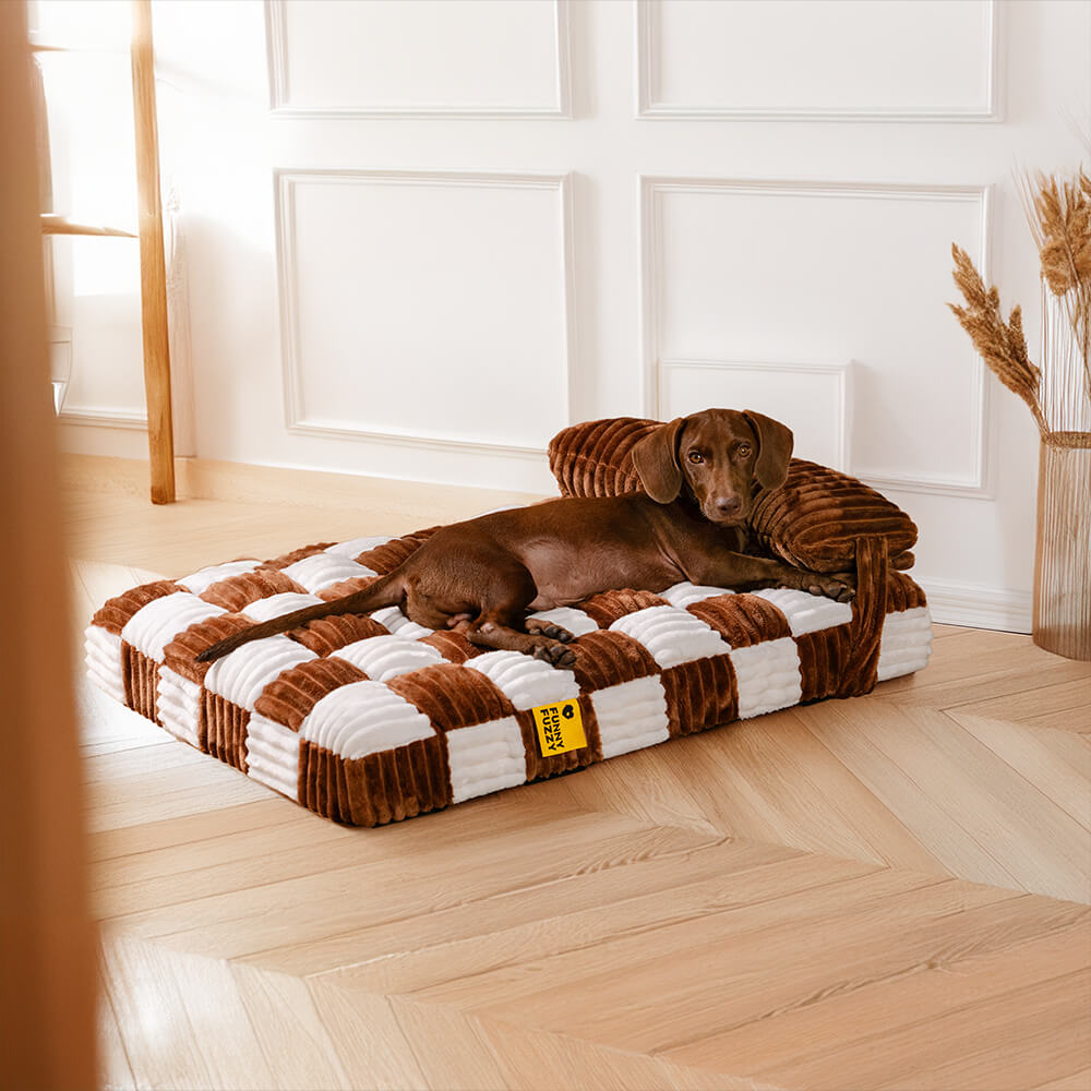 Cama de perros de soporte ortopédico de ajedrez de felpa hecha a mano con almohada
