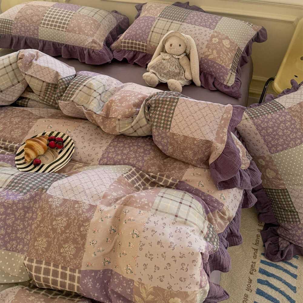 Conjunto de sábanas de encaje de algodón doble color bloque romántico