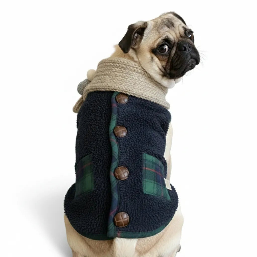 Veste d'hiver pour chien à carreaux avec écharpe – Festive et confortable pour les vacances