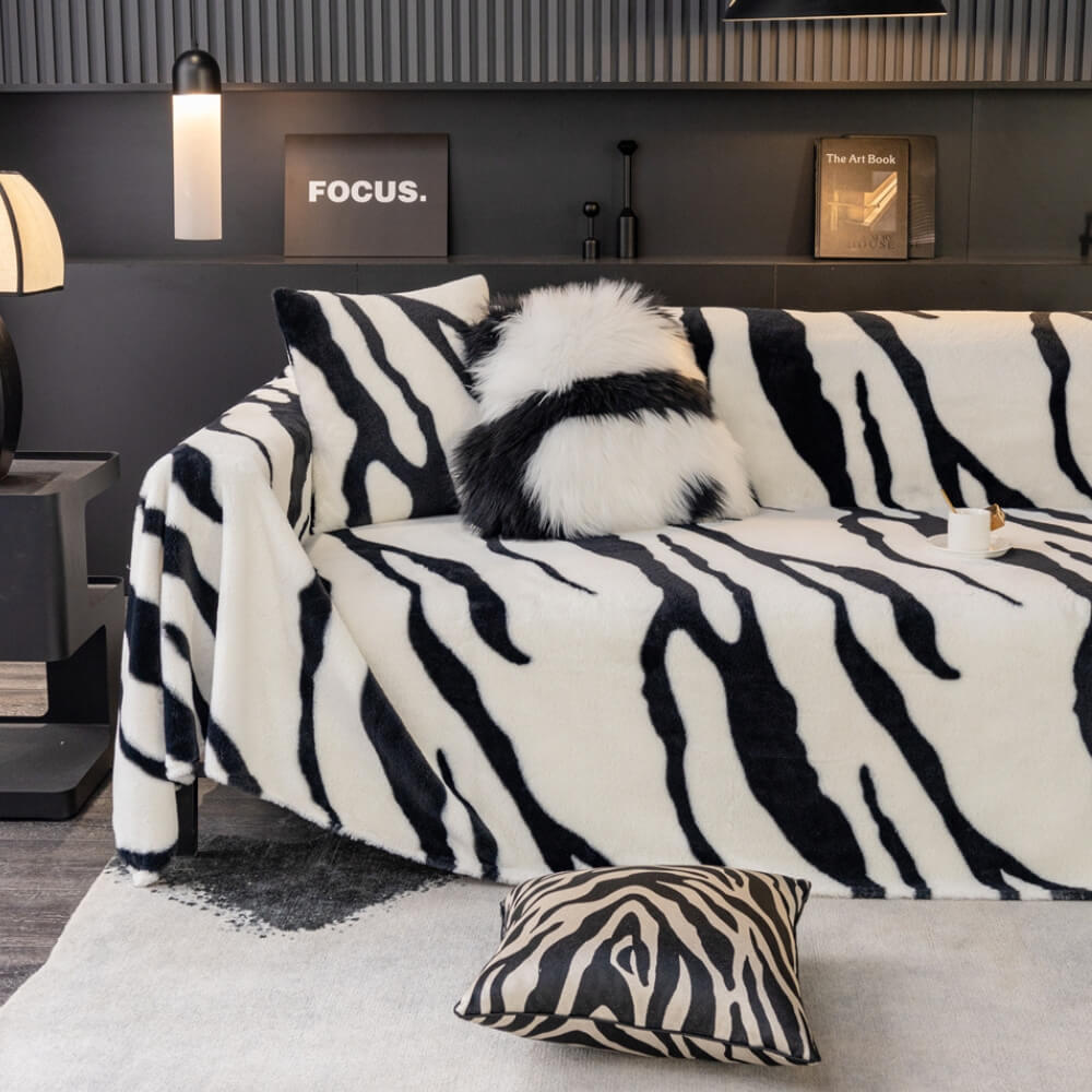 Luxueux protecteur de canapé en peluche moelleuse à imprimé zèbre, housse de canapé élégante