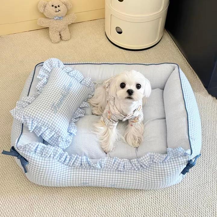 Cama para perros y gatos de tartán suave, lavable, con almohadas
