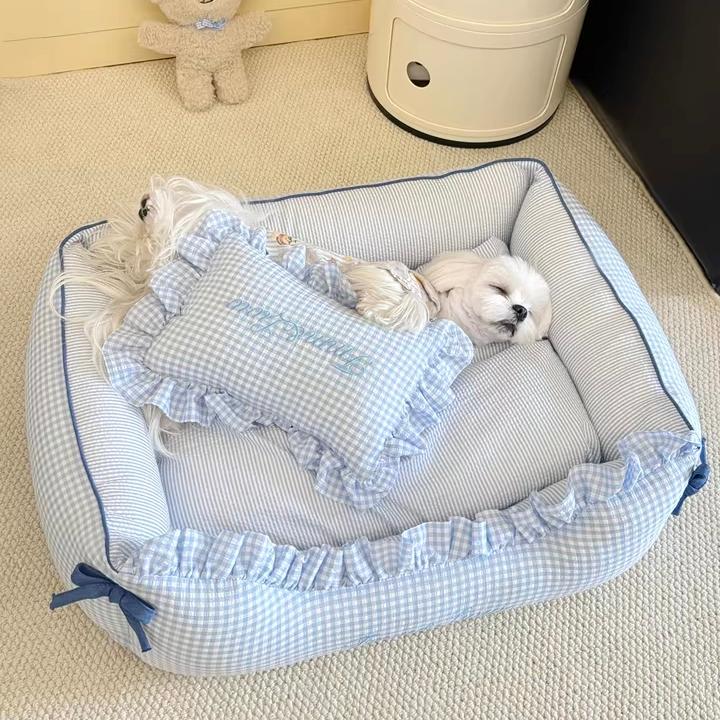 Cama para perros y gatos de tartán suave, lavable, con almohadas