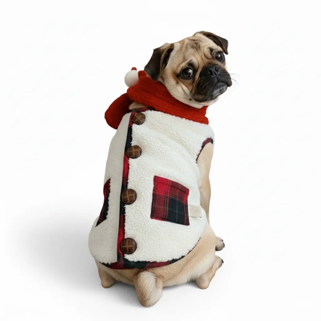 Veste d'hiver pour chien à carreaux avec écharpe – Festive et confortable pour les vacances