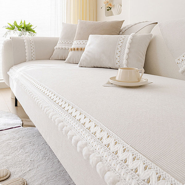 Cubierta de sofá de pana suave anti-scratch de pana suave impermeable para todas las estaciones con pompones