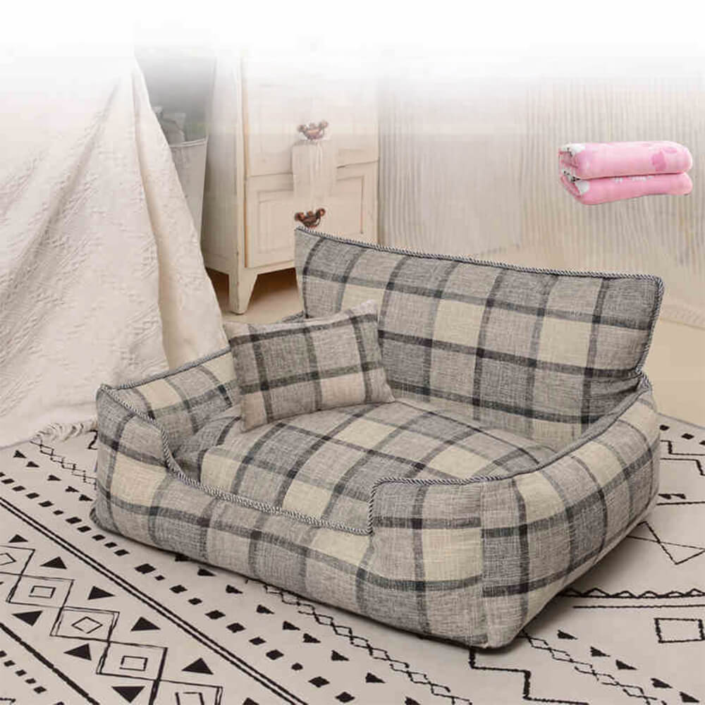 Couverture assortie à carreaux Vintage, chaude, amovible, lavable, pour chien et chat, canapé-lit, oreiller assorti