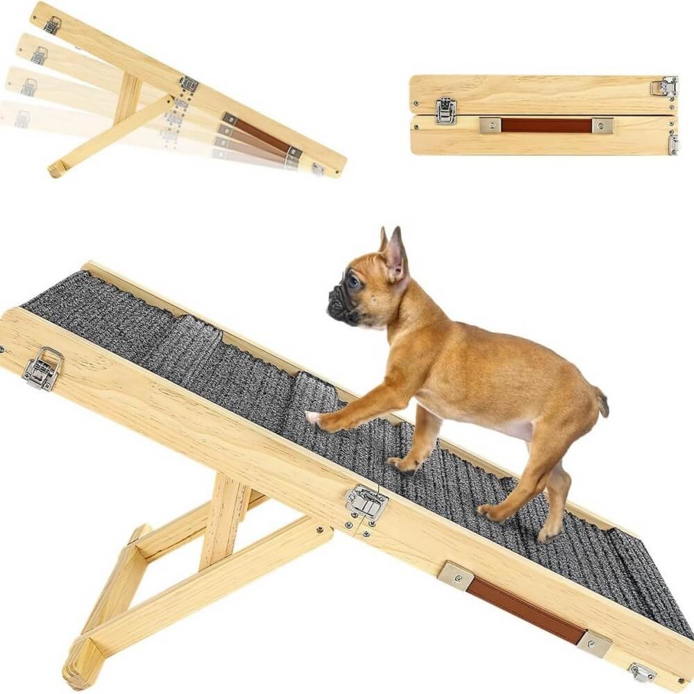 Rampa de perro de madera de 4 niveles, ajustable en altura, escaleras para perros plegables
