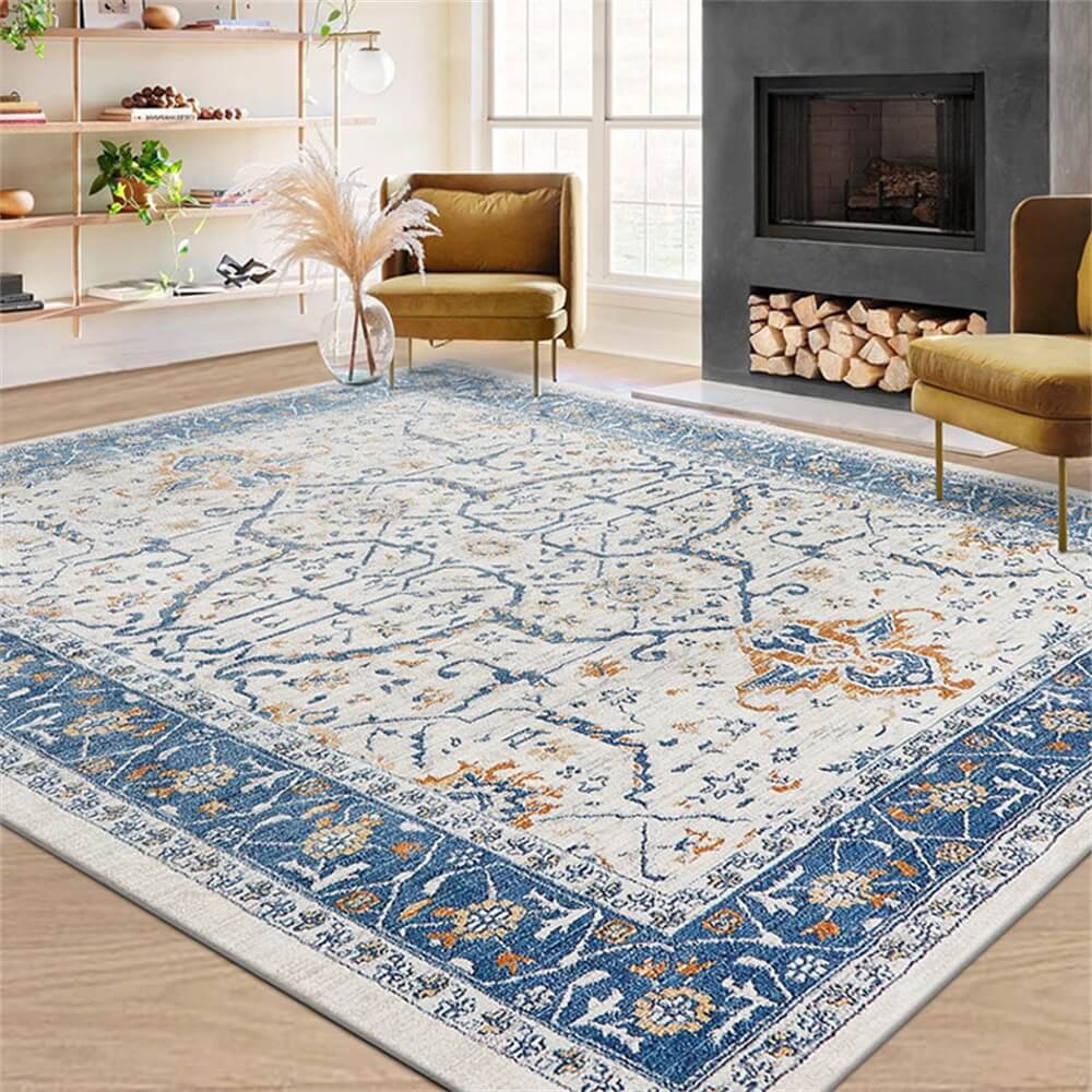 Alfombra vintage de área vintage de color azul y crema: elegancia atemporal para su hogar