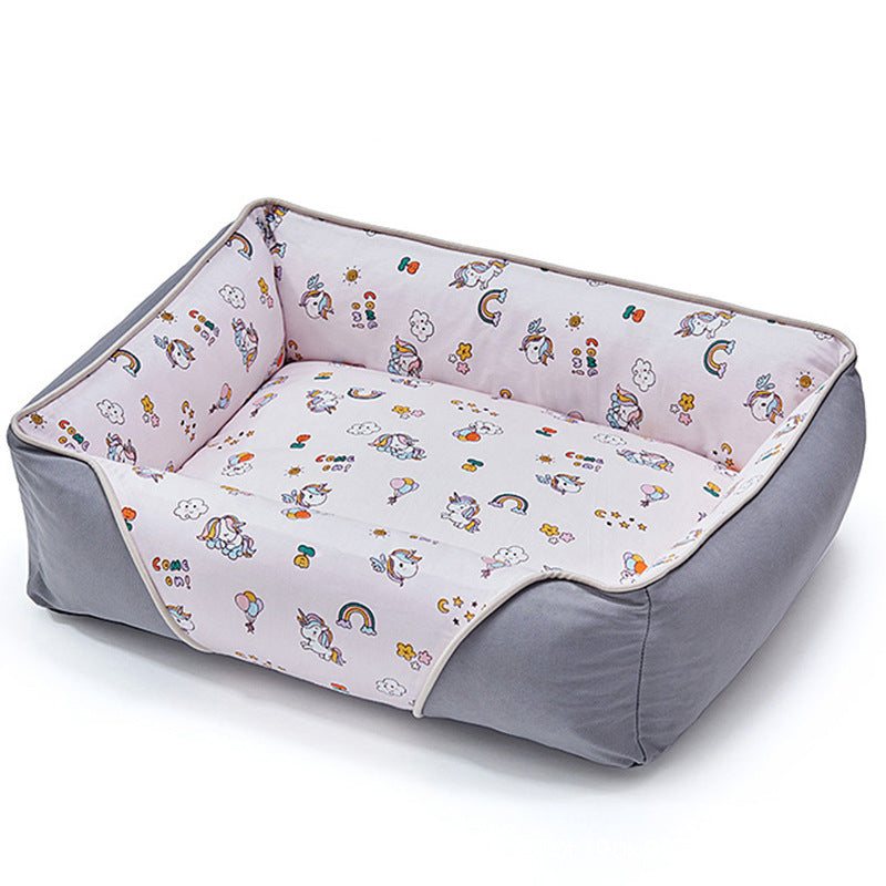 Cama para perros con protector de cuello suave y diseño de dibujos animados