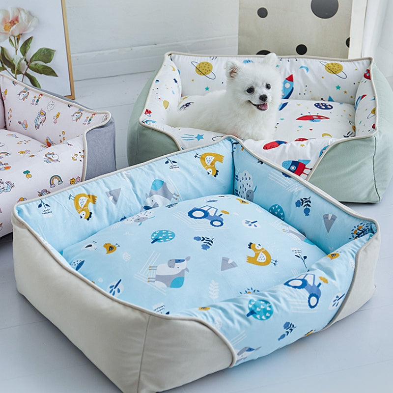 Cama para perros con protector de cuello suave y diseño de dibujos animados
