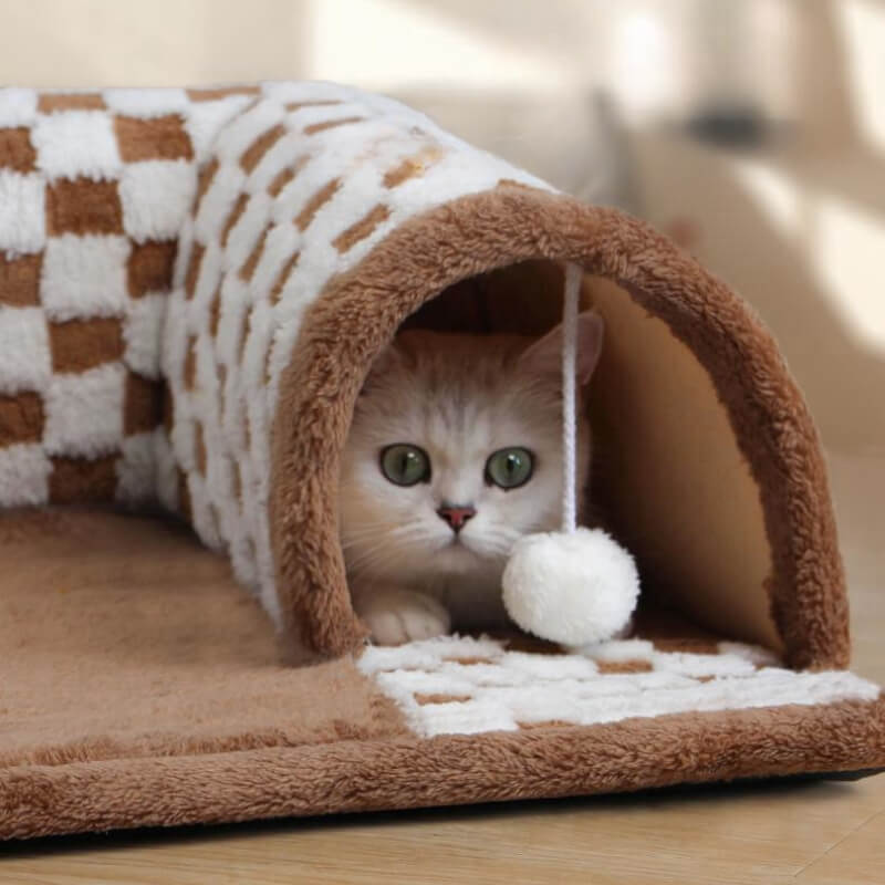 2-in-1 Funny Plush Plaid Checkered Cat Tunnel Bed