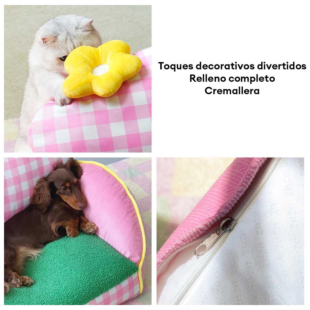 Cama Sofá Lavable para Perros y Gatos con Diseño de Cuadrícula Rosa Encantadora