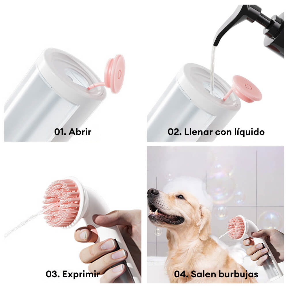Dispensador de champú 2 en 1 y cepillo de baño para perros con masajeador
