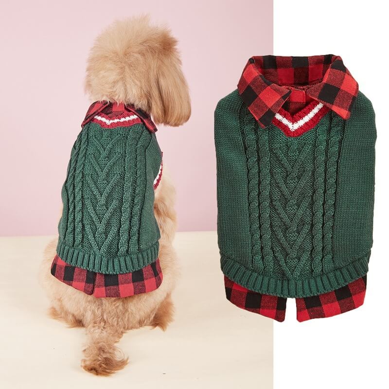 Chaleco tipo suéter de punto con cuello a cuadros para perro, perfecto para otoño e invierno