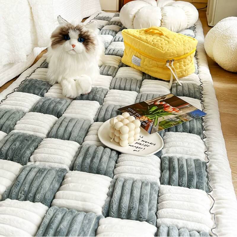 Funda de sofá cama para mascotas, cuadrada, grande, color crema, borrosa, a cuadros