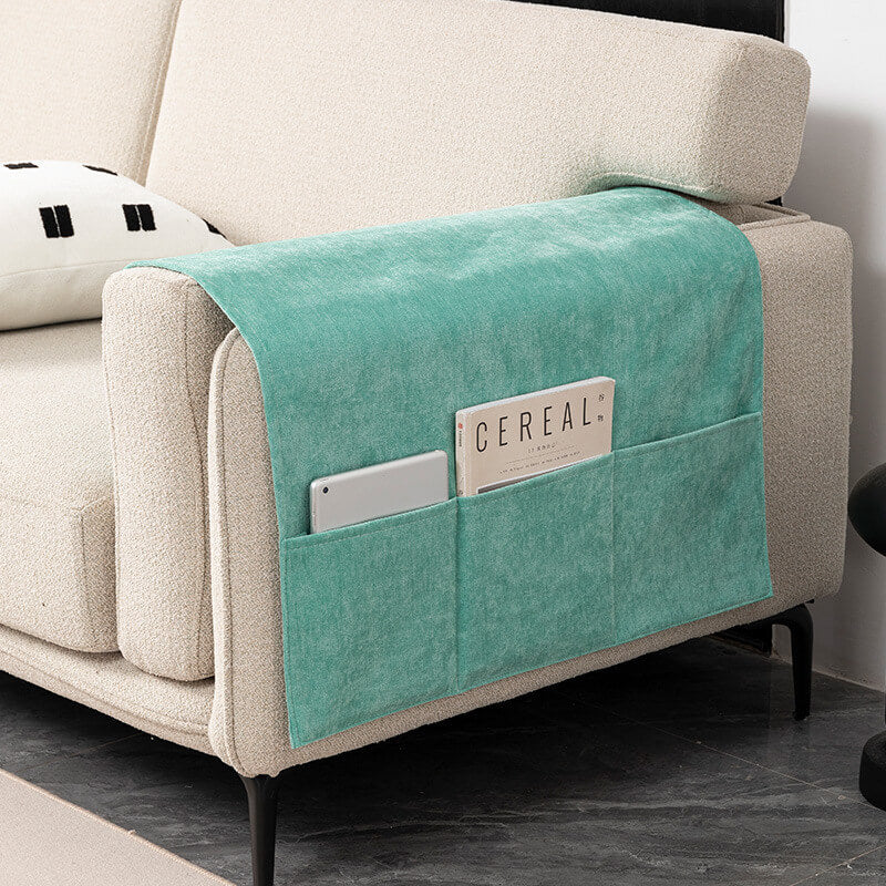 Funda para reposabrazos de sofá de chenilla antirayaduras con soporte para revistas