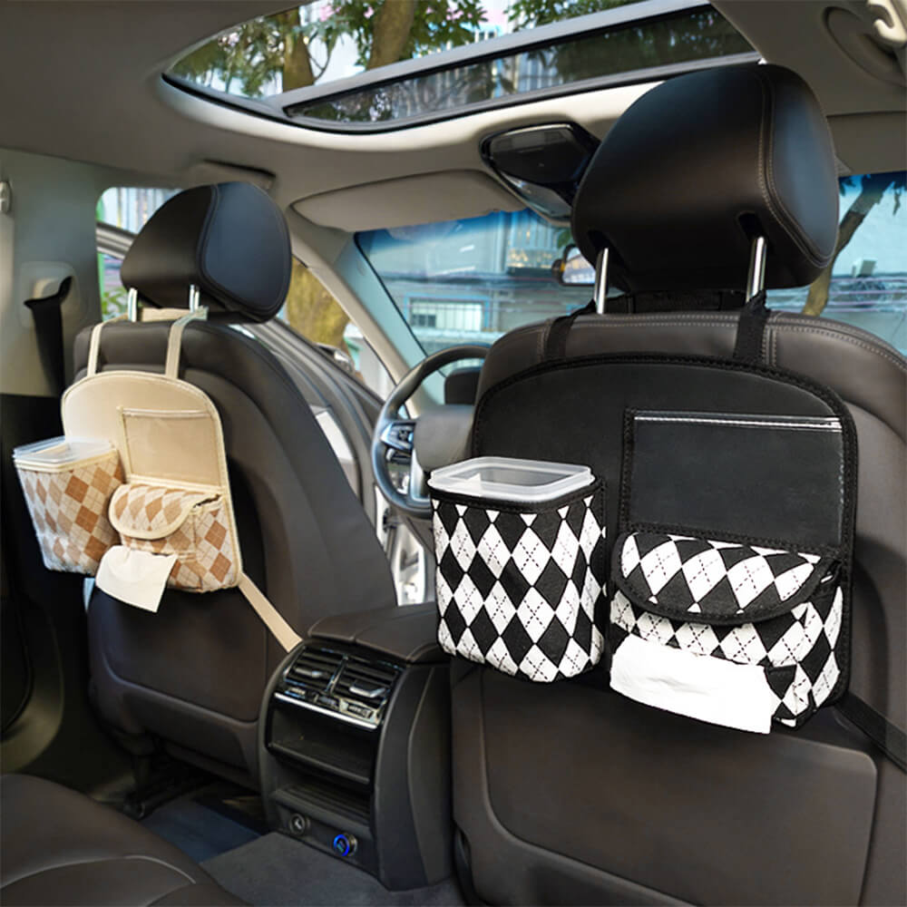 Organizador de coche multifuncional para el asiento trasero en diamante negro y blanco