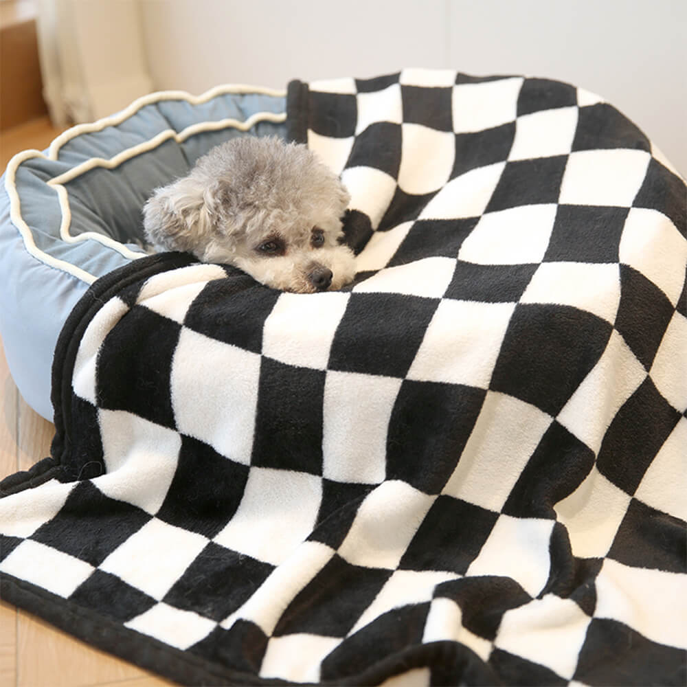 Manta para dormir suave para perros de franela con estampado de cuadros y ondas de moda