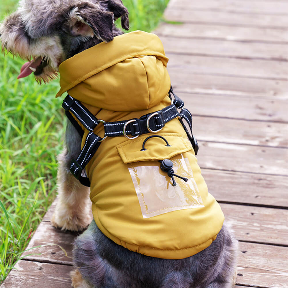 Chaqueta con arnés para perros con capucha, ajustable, con aislamiento y acogedora