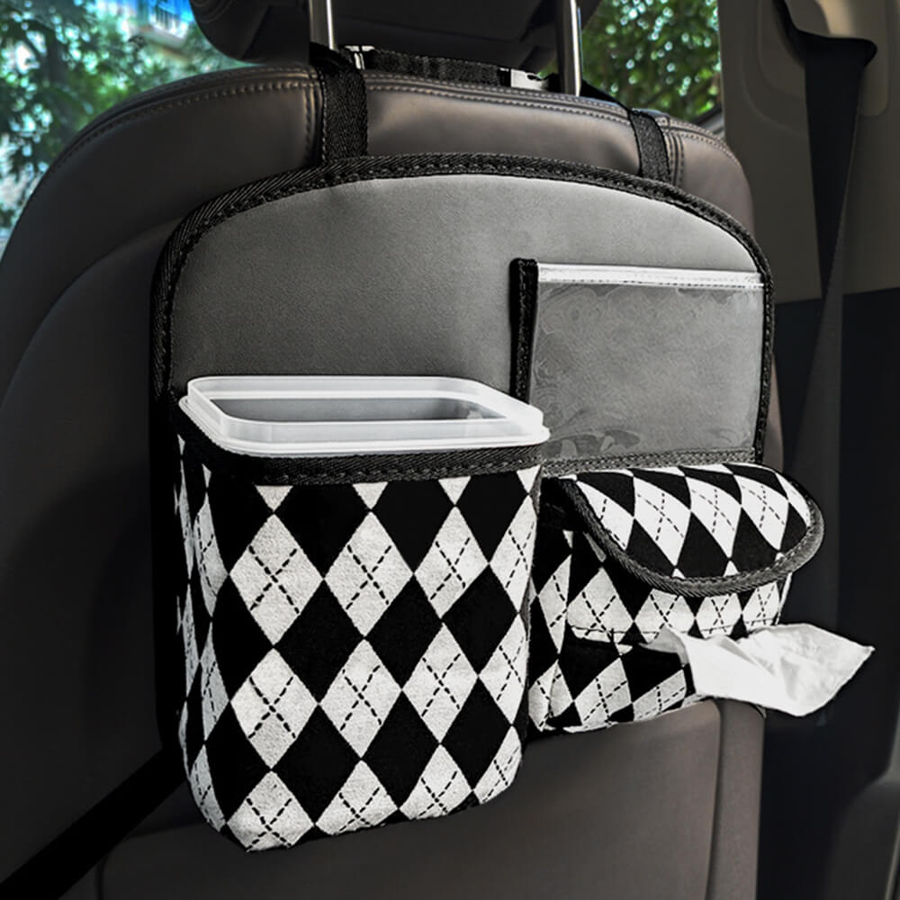 Organizador de coche multifuncional para el asiento trasero en diamante negro y blanco