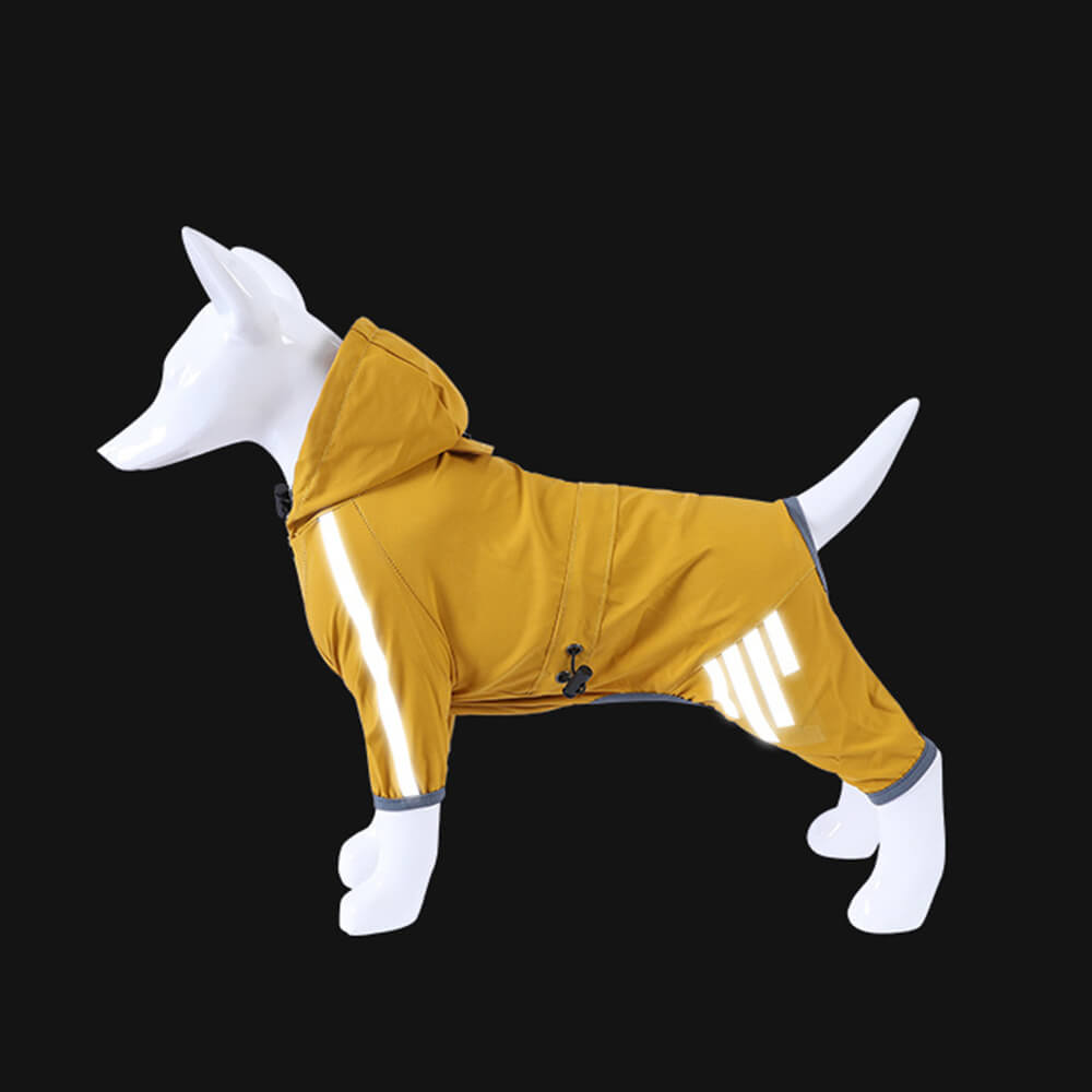 Elegante impermeable ajustable con tiras reflectantes para perros con capucha