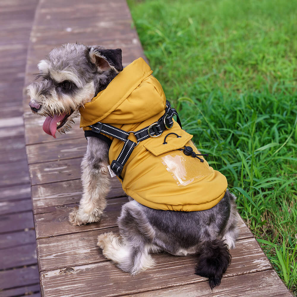 Chaqueta con arnés para perros con capucha, ajustable, con aislamiento y acogedora