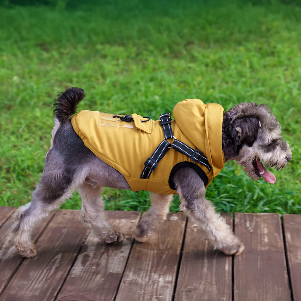 Chaqueta con arnés para perros con capucha, ajustable, con aislamiento y acogedora