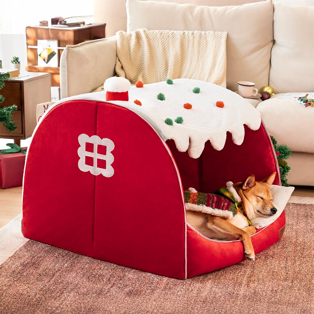 Paquete de Cama ortopédica para perros Festive Snow House: calidez navideña-4pzas