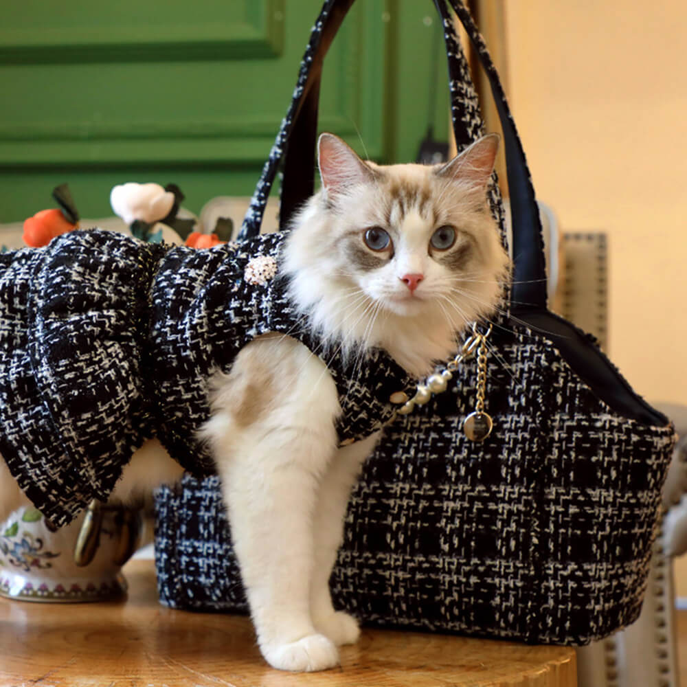 Bolsa de transporte para perros y gatos ligera y de tweed suave con cuadros lujosos