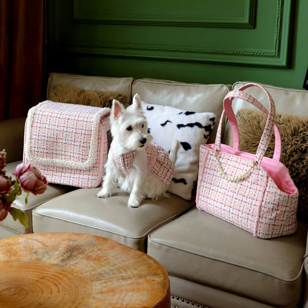 Bolsa de transporte para perros y gatos ligera y de tweed suave con cuadros lujosos