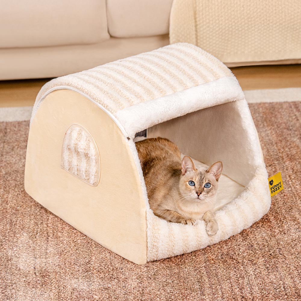 House de gato acogedor a rayas - Retiro acogedor