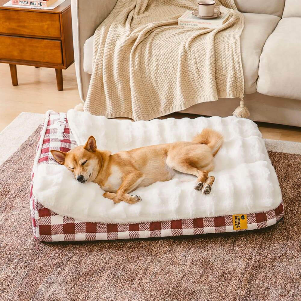 Cama ortopédica rectangular con reposacabezas de cuadros clásicos de gran tamaño para perros - Dreamy wave