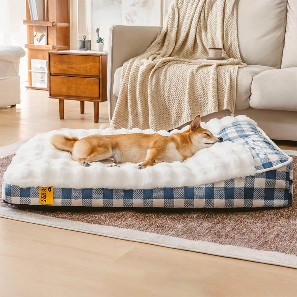 Cama ortopédica rectangular con reposacabezas de cuadros clásicos de gran tamaño para perros - Dreamy wave