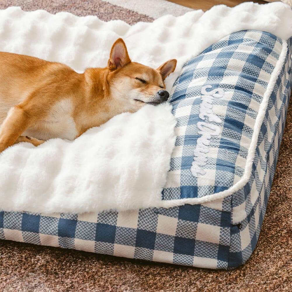 Cama ortopédica rectangular con reposacabezas de cuadros clásicos de gran tamaño para perros - Dreamy wave