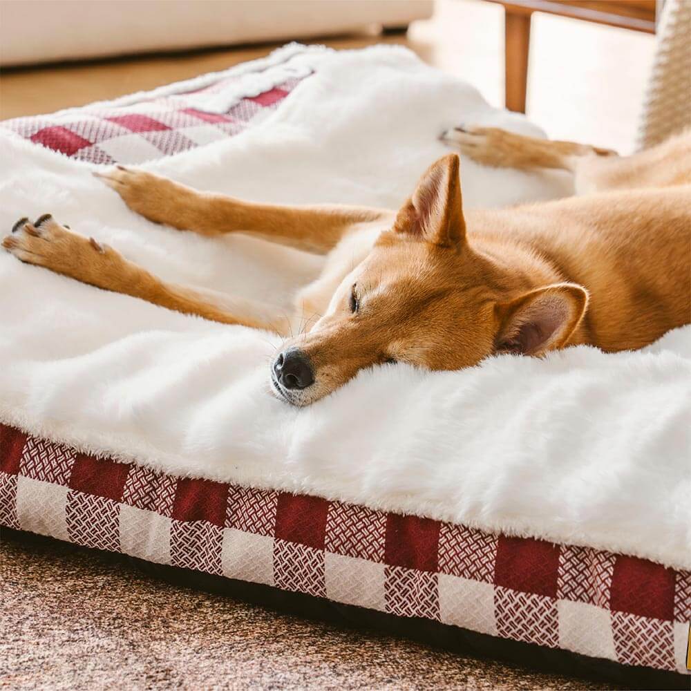 Cama ortopédica rectangular con reposacabezas de cuadros clásicos de gran tamaño para perros - Dreamy wave