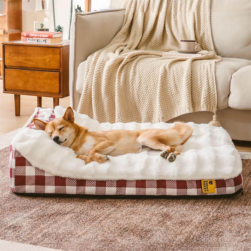 Cama ortopédica rectangular con reposacabezas de cuadros clásicos de gran tamaño para perros - Dreamy wave