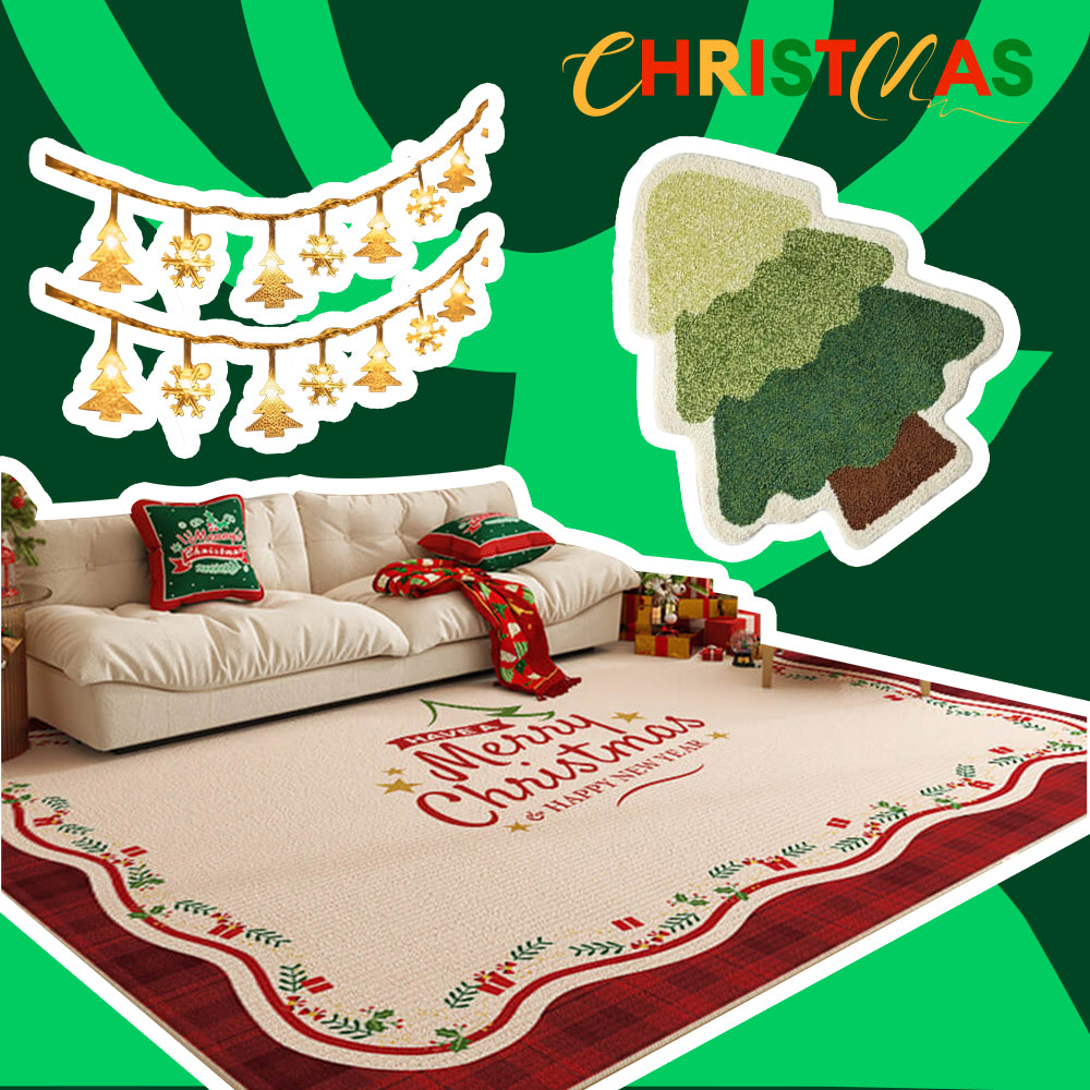 Paquete de Alfombra decorativa antideslizante multiusos para el hogar de gran superficie con diseño de Feliz Navidad-3 pzas