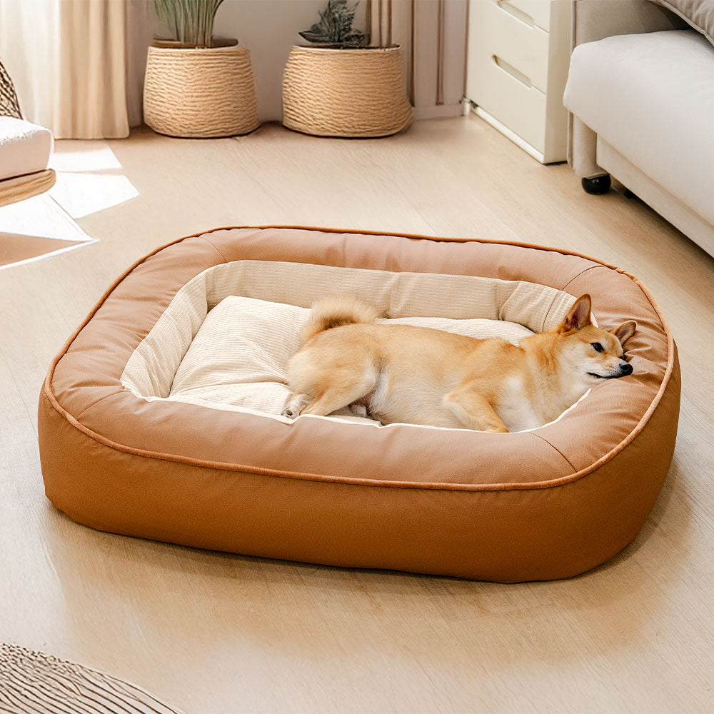 Cama para perros impermeable, de cuero PU antideslizante, resistente a rasguños y de soporte completo