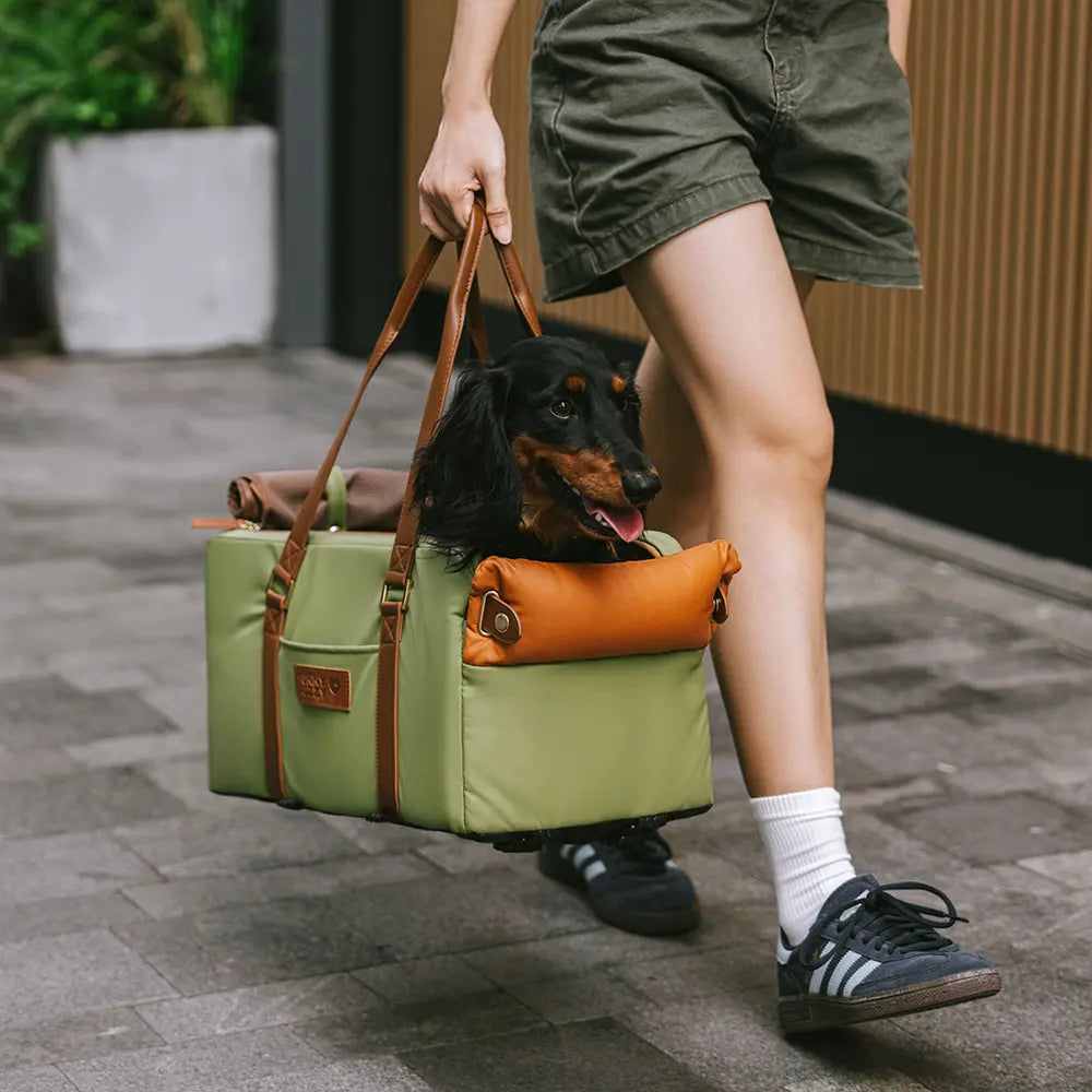 Asiento para mascotas y transportadora de cuero sintético de lujo para el consola de seguridad del automóvil - Urban Voyager